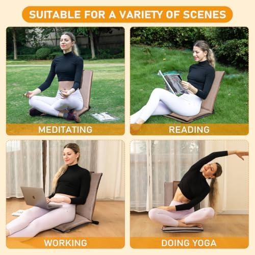 Adjustable Floor Chair with Back Support Foldable Meditation Seat, Coffee | 14-Position Adjust, 330lbs Weight Capacity, Washable Cover, Sturdy Bearings, Ground Seat for Adults, Portable for Meditation