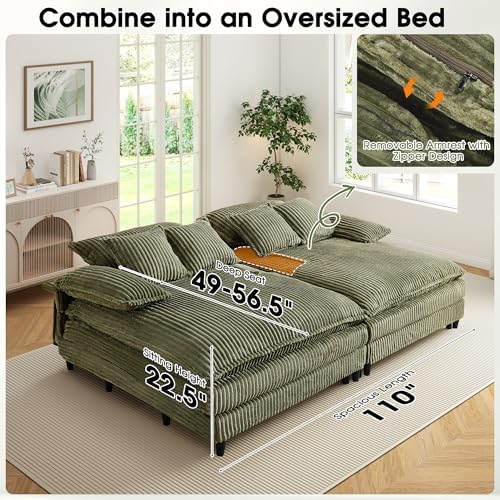 WESTSETLUX 54.8" W Oversized Chaise Lounge Chair Indoor with 5-Position Adjustable Backrest, Corduroy Sleeper Sofa Bed with 3 Pillows, Modern Cloud Couch Chair for Living Room, Bedroom, Green