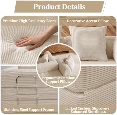 59'' Convertible Compressed Corduroy Folding Cloud Sofa Bed, Modern Pull Out Loveseat Sleeper in a Box, 4 in 1 Floor Mattress Futon Fluffy Couch, No Assembly Needed, Beige, 2 Pillows, Full