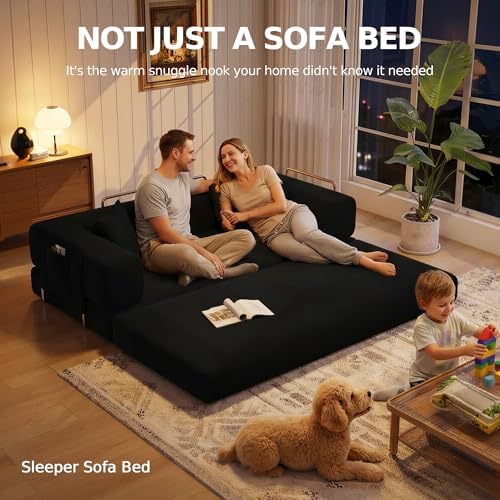 MoonSpeak 78.8'' Futon Sofa Bed, Couches for Living Room | Corduroy Convertible Futon Sofa Bed with Storage Pocket, Modular Sleeper Couch in a Box, No Assembly (Black)