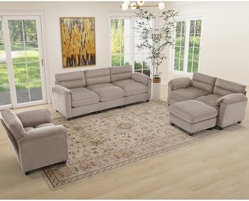 HAOMARKETS Corduroy Sofa Set, Upholstered Ottoman Footrest, Modern Living Room Furniture Sets,Brown