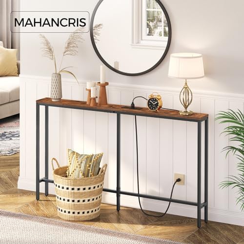MAHANCRIS 55.1 Skinny Console Table with Power Outlets, 5.9" Slim Sofa Table Behind Couch, Long Entryway Tables, Narrow Sofa Hallway Table, Living Room CTHR145E01