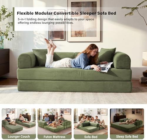 79" Convertible Sofa Bed, Sleeper Futon Couch for Living Room | 5-in-1 Sleeper Sofa, Pull Out Couches with Soft Corduroy, No Assembly Required, Apartment Friendly, Light Green