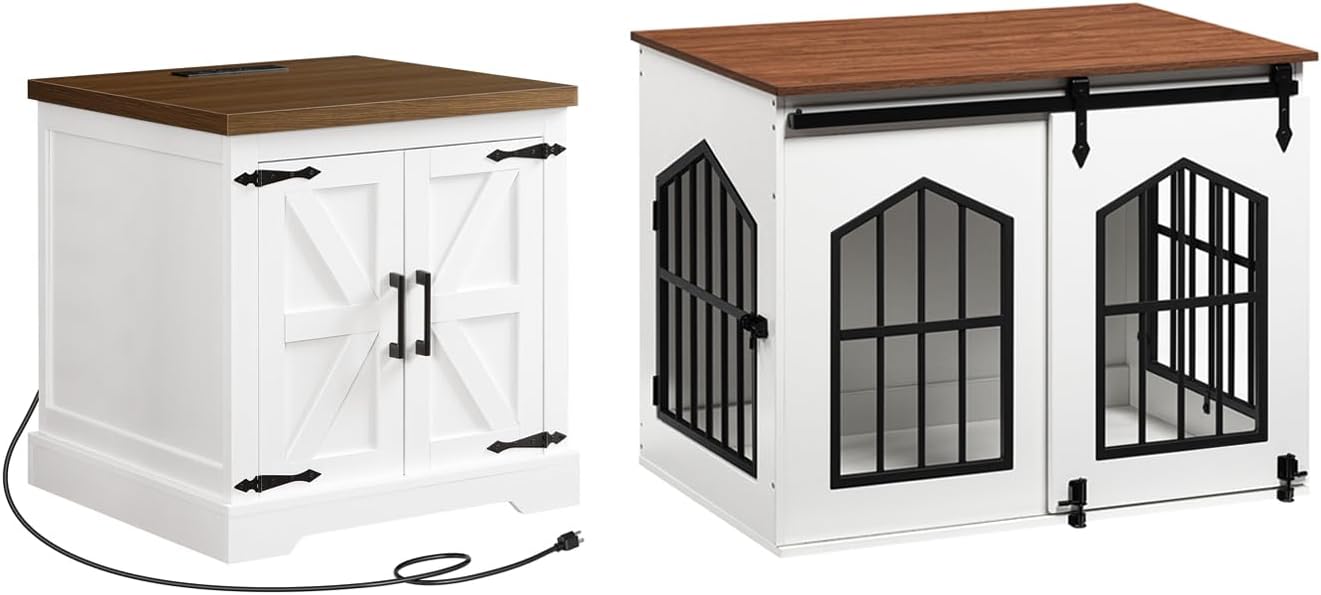 MAHANCRIS Farmhouse Nightstand and Dog Crate Furniture Bundle, End Table with Barn Door, Wooden Dog Cage for Small Medium Dogs, Side Table for Bedroom, Living Room, ET155-DCBA9601