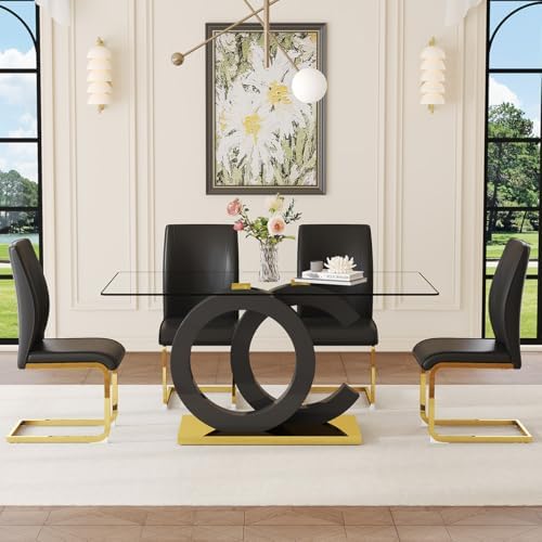 63" Glass Dining Table Set for 4, Modern Dining Table Set for 4, Tempered Glass Tabletop with Black OC-Shaped Legs and Gold Base, Black Gold Kitchen Table Set with 4 Cantilever Upholstered Chairs