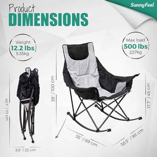 SUNNYFEEL Oversized Folding Rocking Camping Chair for Adults, 500lbs Grey | Heavy Duty Outdoor Rocker Camping Chairs, High Back Padded Lawn Recliner with Side Pocket & Carry Bag