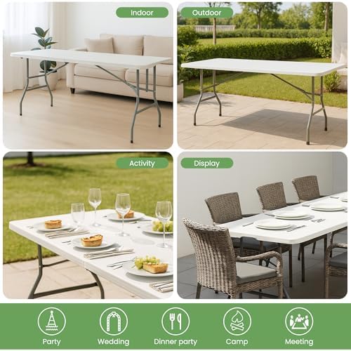 6FT White Plastic Folding Table Heavy Duty Tables Set of 1 | HDPE Tabletop Fold-in-Half Portable Utility Foldable Carrying Handle for Party Picnic Dining Office Event Indoor & Outdoor