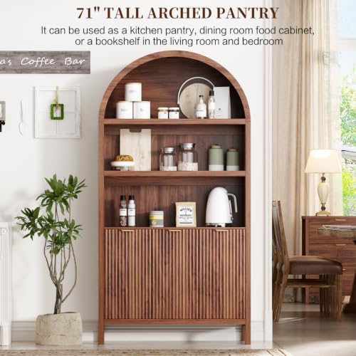 Ieejdn 71.34" Tall Arched Kitchen Pantry,Modern Fluted Wood Storage Cabinet with Doors,Adjustable Shelves,Organizer, Versatile Cupboard for Kitchen,Living Room,Dining Room,Bathroom,Walnut