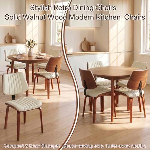 Dining Chairs Set of 4, Mid Century Modern Dining Walnut Chairs,Beige | Faux Leather Dining Chair with Upholstery and Bentwood Open Backrest, Armless Dining Room Sets for Kitchen,Study Room
