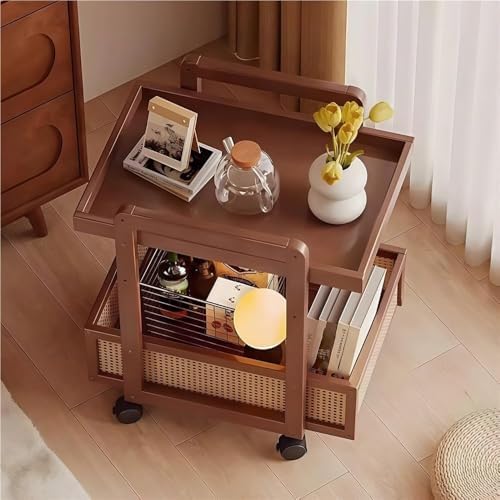 Modern 2-Tier Bamboo Rolling Side Table with Rattan, Stylish Coffee Table on Wheels, Versatile End Table for Living Room & Office, Durable & Chic Design