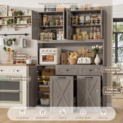 HOSTACK 71" Kitchen Pantry with 12.5 Gallon Double Trash Can Cabinet, Grey | Farmhouse Garbage Can Cabinet with Pull Out Trash Can Storage, 47"W Kitchen Hutch with Hidden Garbage Storage for Dining Room