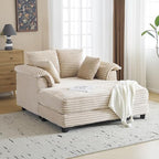 VINGLI 56" Oversized Chaise Lounge Chair, Beige Comfy Corduroy Chaise Sofa Recliner Bed Upholstered Sleeper Couch Bed with Throw Pillows and Armrests for Living Room, Movie Room, Bedroom