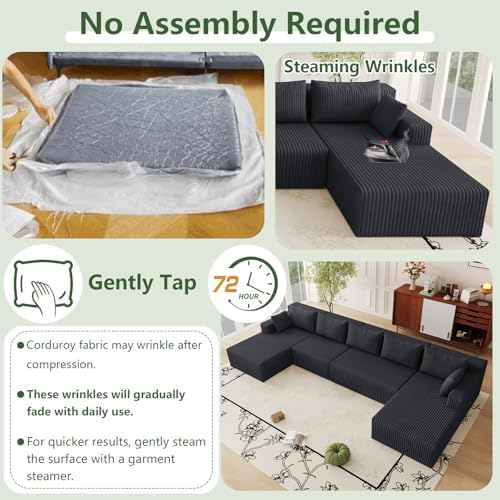160" U Shaped Cloud Couch, Oversized Modular Sectional Sofa for Living Room | Modern Corduroy Couch, 5 Seater Deep Seat Memory Foam Compressed Sofa, No Assembly Required, Black