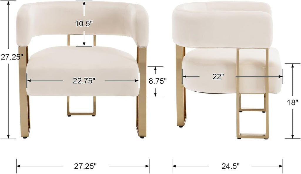 Barrel Accent Chair Set of 2 with Metal Frame Legs, Modern Velvet Living Room Chairs, Mid Century Upholstered Single Lounge Sofa Armchair for Living Room/Bedroom/Reading Room, Beige