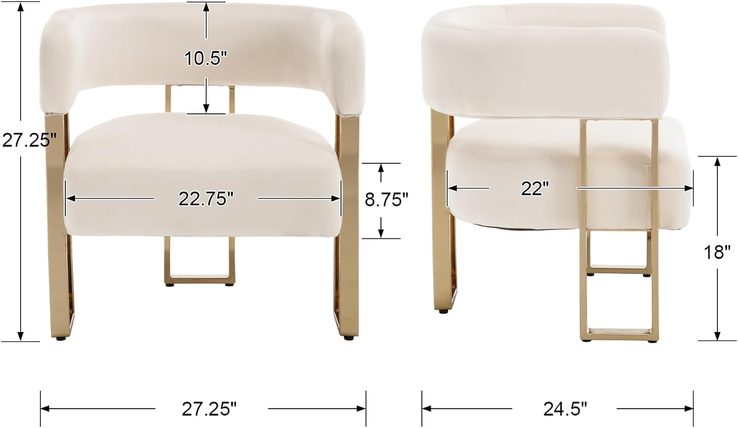 Barrel Accent Chair Set of 2 with Metal Frame Legs, Modern Velvet Living Room Chairs, Mid Century Upholstered Single Lounge Sofa Armchair for Living Room/Bedroom/Reading Room, Beige