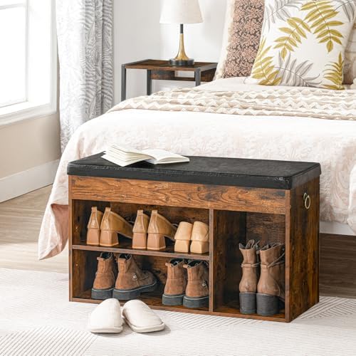 HOOBRO Shoe Storage Bench with Cushion, 32.3'' Entryway Bench with Lift Top Hidden Storage and Adjustable Shelves, Wooden Shoe Rack Bench for Entryway Bedroom, Rustic Brown and Black BF40HX01