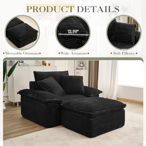 Oversized Chaise Lounge Chair Indoor with Ottoman, Upholstered Corduroy Modern Sofa Chair, Deep Seat Comfy Reading Armchair, Sleeper Sectional Couch for Living Room/Bedroom(47.6"W, Black)