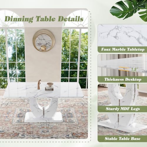 JUFU 63" Faux Marble Dining Table for 4-6 People, Modern Rectangular Kitchen & Dining Room Table, White Marble-Look MDF Tabletop with U-Shaped Pedestal Base, Easy Assembly Dining Table