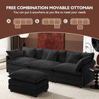 Ihanherry 111.4" L Shaped Modern Sofa Modular Sectional Cloud Couch with Ottoman, 4-Seat Chenille Deep Seat Sofa with Pillow for Living Room, Bedroom and Apartment, Black