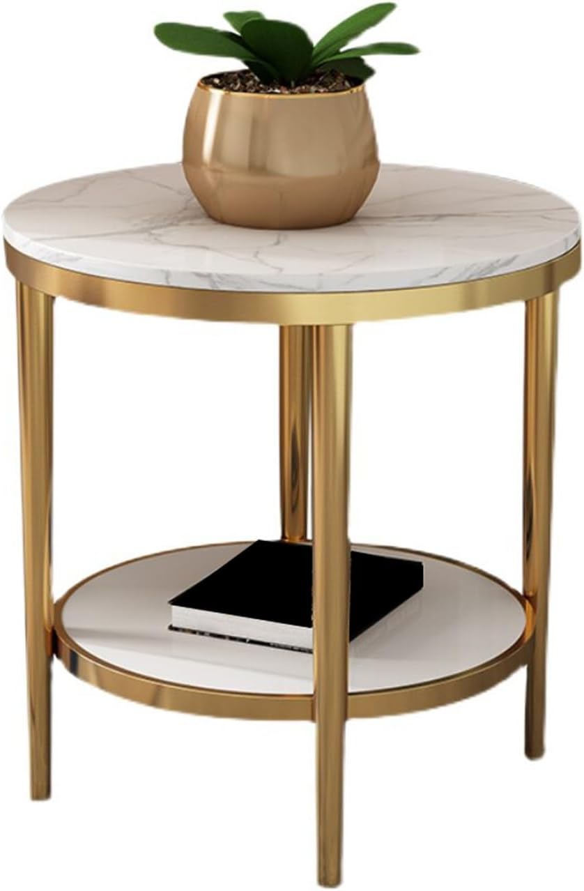 Bedside/Sofa Side Table: Stainless Steel & Marble Two-Tier Small Round Table – Suitable for Living Room Sofas and Corners