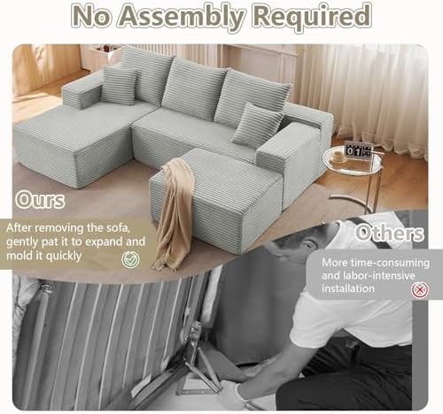 Lakifun 107" L-Shape Sofa with Ottoman, Modern Modular Sectional Comfy U-Shape Cloud Couch, Deep Seat, Upholstered Corduroy Sleeper Chaise Longue for Living Room Bedroom, No Assembly Required, Grey