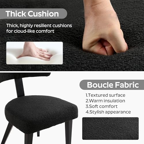 Boucle Chairs Set of 6, Modern Black Upholstered Dining Chairs with Black Metal Legs, Boucle Dining Chairs with Curved Backrest for Dining Room, Kitchen(Only Chairs)