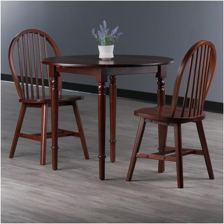 HomeStock Rustic Retreat 3 Piecec Drop Leaf Solid Wood Round Dining Table with Rustic Retreat Chairs - 35.98W x 35.98D x 30.08H Walnut