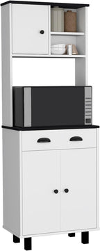 67" H Kitchen Pantry with Two Cabinets, Two Open Shelves, and One Drawer,White/Black
