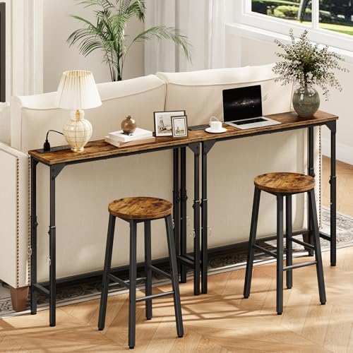 CHOEZON 29.5" Narrow Console Table with Adjustable Height (21.1"-29.9"), Behind Couch Table, Entryway Table with Power Outlet, Narrow Sofa Table, for Entryway, Rustic Brown and Black TXG10UBF