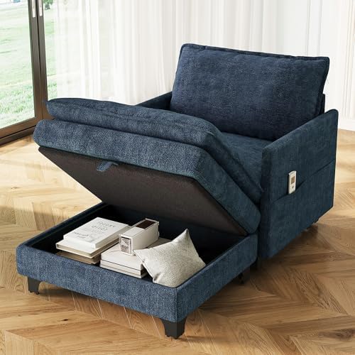 Accent Sofa Chair with Storage Ottoman, Cloud Sigle Couch with Side Pocket for Living Room, Bedroom and Apartment, Navy Blue