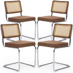 Rattan Back Linen Dining Chair Set of 4 Modern Breuer Designed Stainless Chrome Base Armless Upholstered Dining Chair for Dining Room, Kitchen Island(Coffee)