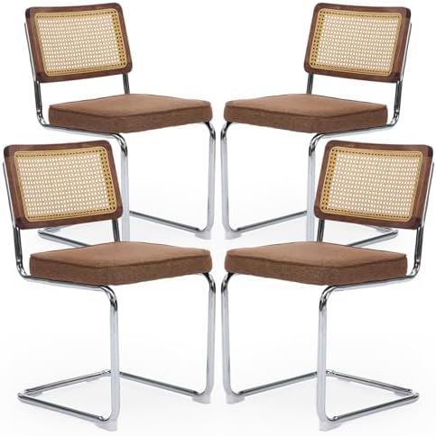 Rattan Back Linen Dining Chair Set of 4 Modern Breuer Designed Stainless Chrome Base Armless Upholstered Dining Chair for Dining Room, Kitchen Island(Coffee)