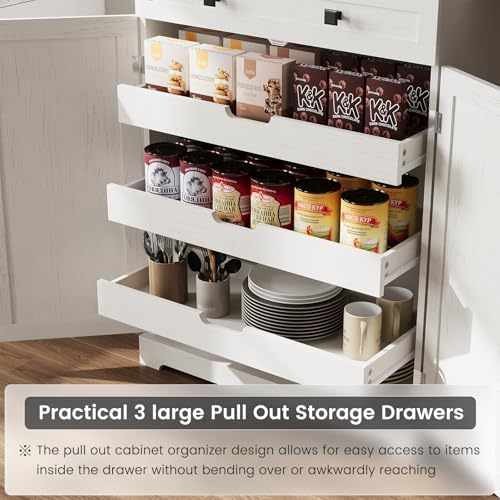 ELYKEN 72" Kitchen Pantry Storage Cabinet with Drawer, 3 Pull Out Shelves | 8 Door Shelves, Tall Pantry Cabinet Organizer, Farmhouse Kitchen Hutch, Pantry Storage Shelves, Dining Room, White