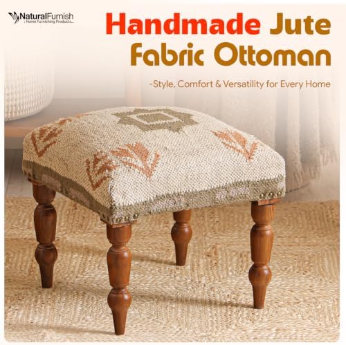 Handmade Jute Upholstered Ottoman Stool | Square Foot Rest with Wooden Legs | Decorative Accent Seating for Bedroom, Living Room, Entryway, Vanity & Hallway (Beige-Green)