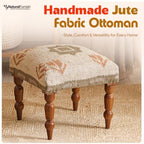 Handmade Jute Upholstered Ottoman Stool | Square Foot Rest with Wooden Legs | Decorative Accent Seating for Bedroom, Living Room, Entryway, Vanity & Hallway (Beige-Green)