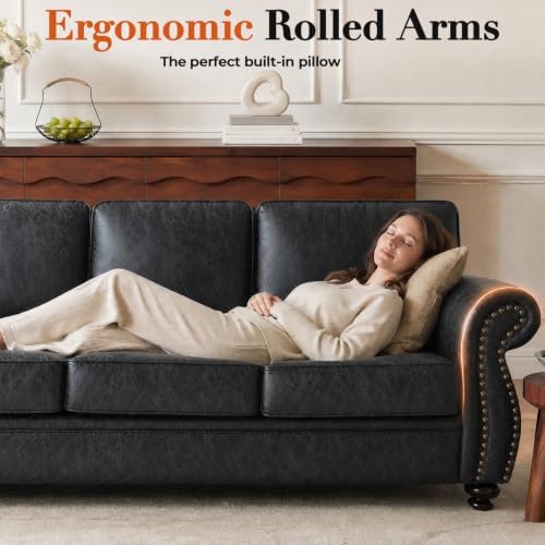 Couchus 88" W Living Room Furniture Sets, 3-Seater&Loveseat&Single, Grey | Faux Leather Fabric Sofa and Couch Sets, Mid-Century Sofa Set with Nailhead Trim