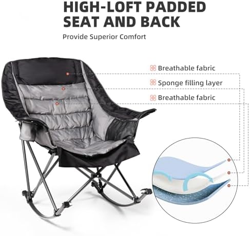 2 PCS Oversized Rocking Camping Chair for Adults - 400lbs Capacity Padded Camp Chair, Portable Foldable Outdoor Rocker Chair for Camping, Backyard, Patio (Black & Gray)