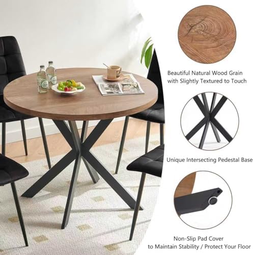 Homedot 37-Inch Round Kitchen Dining Room Table Set for 4, Modern Mid-Century Brown Dining Table with Black Velvet Chairs Set, Small Dining Set for Restaurant/Dining Hall