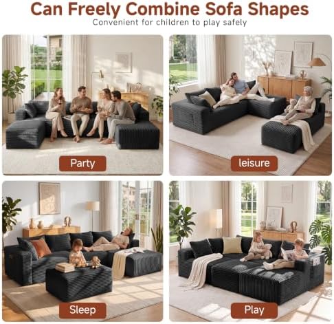 Couch ≈139" U-Shaped Sofa, Modular Sofa in Living Room Comfy Corduroy Fluffy Couch with Deep Seat and Side Pockets, Flexible Module Combination for Living Room (Black, 139IN)
