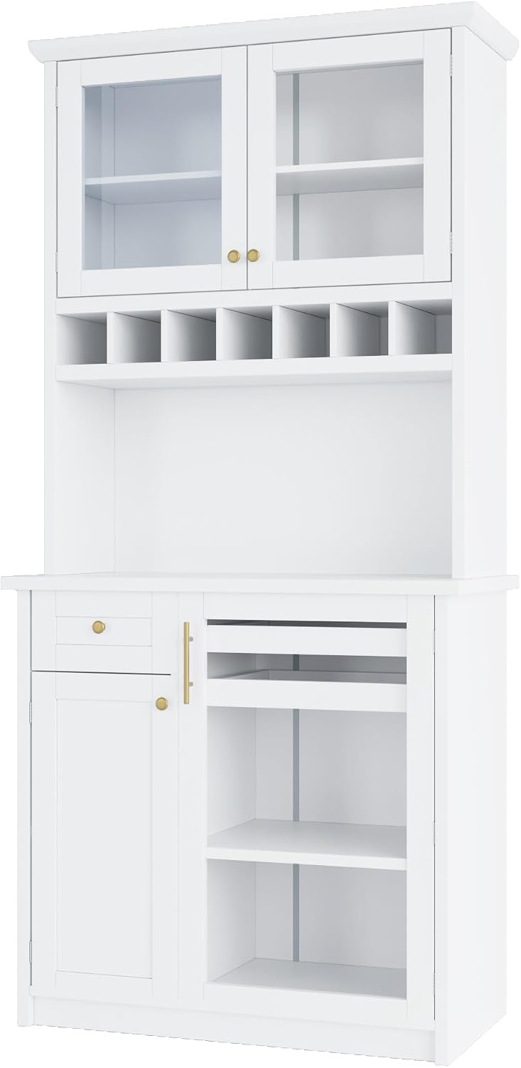 Kitchen Pantry Storage Cabinet with Wine Rack and Adjustable Shelves, Freestanding Buffet Cabinet with Hutch, White