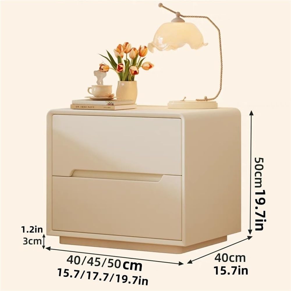 Modern Nightstand, Solid Wood Bedside Table, Simple Night Stand with 2 Drawers, Full-Floor Design Side Table for Bedroom, Living Room(Beige,15.7in)