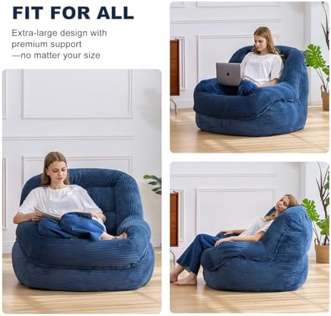 Giant Bean Bag Chair for Adults, Oversized Floor Lounge Chair with Armrests | Royal Blue, soft corduroy and resilient foam for living rooms, bedrooms, reading nooks, gaming rooms, movie nights, and pets