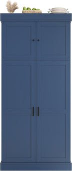 Merax 77''Tall Freestanding Kitchen Pantry,Farmhouse Tall Storage Cabinet with 2 Standard Plugs and 2 USB Ports,Wood Food Pantry with Adjustable Shelves,Door Shelves, Drawers and Wine Racks,Blue