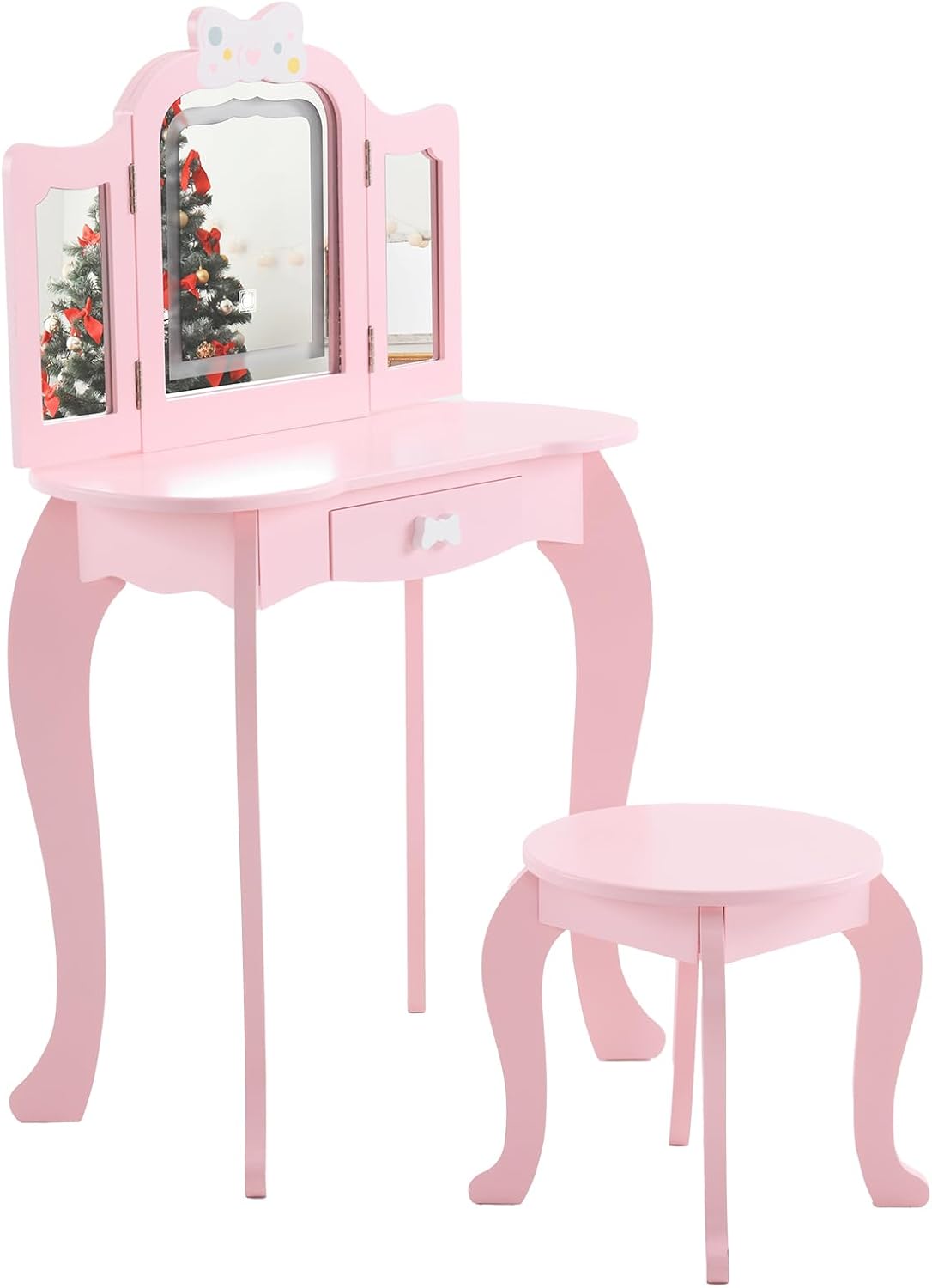 Vanity Set,ShyneeMakeup Dressing Vanity Set Wooden Princess Makeup Table with Cushioned Stool,Drawer,Wooden Legs and Mirror, Make Up Dressing Play Set for Girls (Pink Bow)