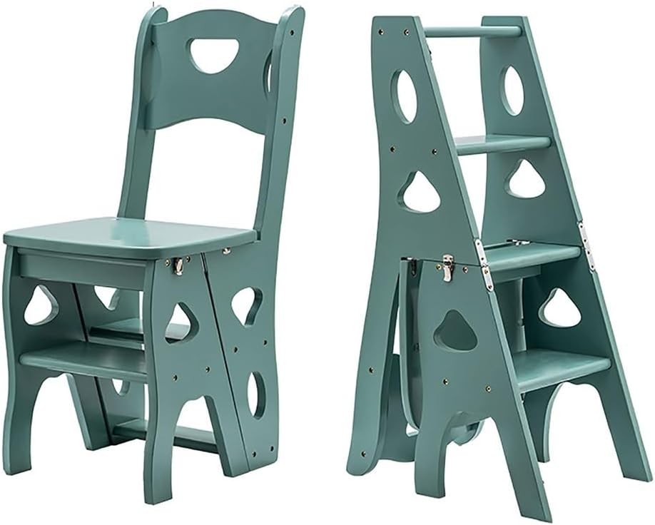 4 Step Wooden Folding Library Ladder Chair with Seat, Lightweight Portable Ladder Shelf, Multifunctional Step Stool, Stepladders Display Stand for Office Home Kitchen (Color : Green)