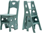 4 Step Wooden Folding Library Ladder Chair with Seat, Lightweight Portable Ladder Shelf, Multifunctional Step Stool, Stepladders Display Stand for Office Home Kitchen (Color : Green)