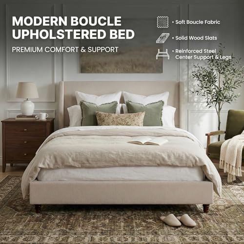 Queen Size Upholstered Bed Frame, 52.7" High Headboard Wingback Bedframes with Solid Wood Retro Legs, Sturdy Metal & Wooden Slat Support/No Box Spring Needed/No Noise, Clay Taupe Boucle