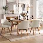 Swivel Dining Chairs Set of 6 with Arms and Wood Legs, Beige | Beech Wood Frame, Linen Fabric Upholstered Kitchen Chairs, Mid Century Modern, 18.5" Widen Seat, For Dining Room, Living Room