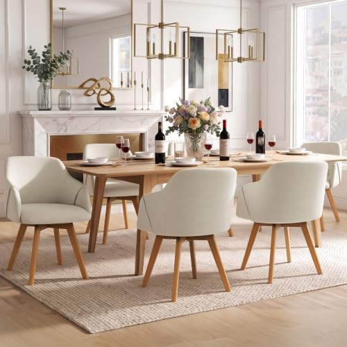 Swivel Dining Chairs Set of 6 with Arms and Wood Legs, Beige | Beech Wood Frame, Linen Fabric Upholstered Kitchen Chairs, Mid Century Modern, 18.5" Widen Seat, For Dining Room, Living Room