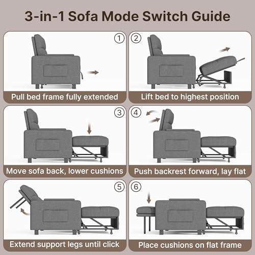 Gizoon Convertible Sofa Bed Modern Couch Bed & Small Loveseat Sleeper, Grey | 3 in 1 Pull out Couch, Space-Saving Design, 5-Position Adjustable Futon Sofa Bed for Living Room, Apartment, Guest Room